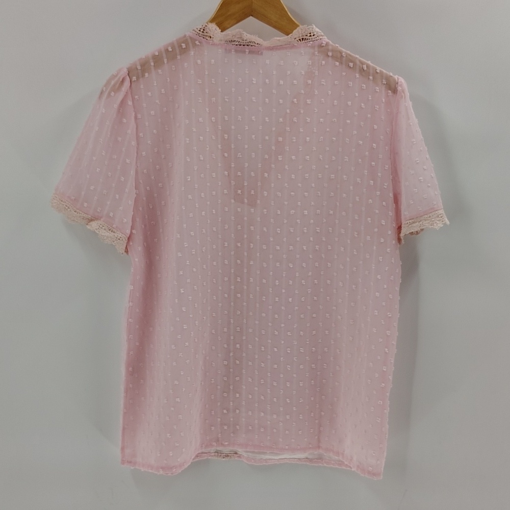 C+D+M Blouse Pink Size Medium Swiss Dot w Lace Sheer Back Short Sleeve V Neck - Picture 4 of 4